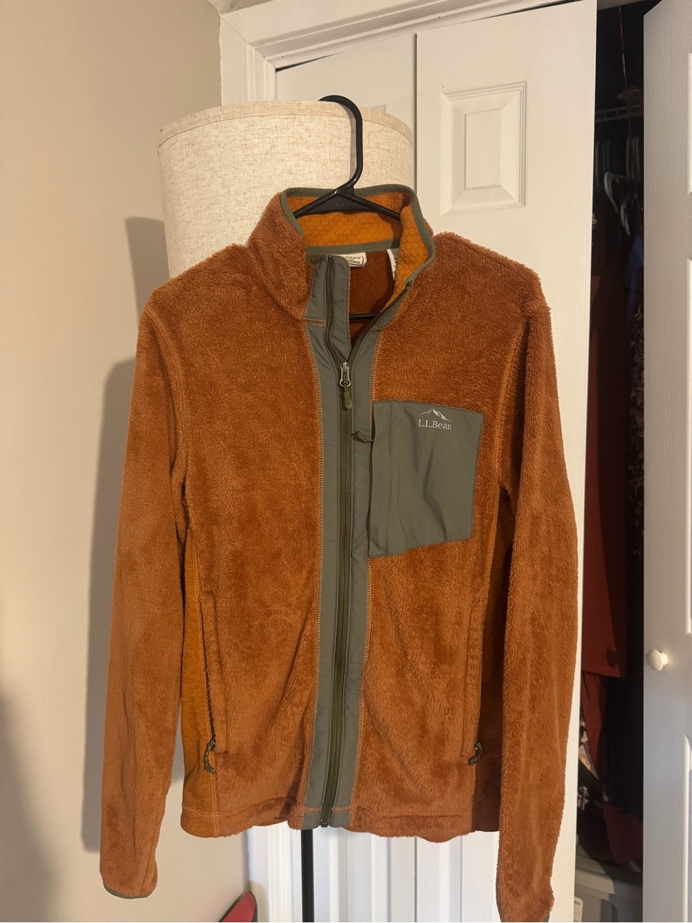 L.L. Bean Rust Brown Fleece Jacket with Olive Chest Pocket